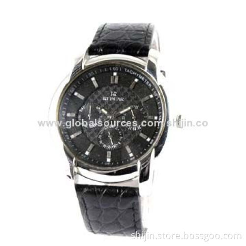 Three-eye Stainless Steel Business Watch with Genuine Leather Band, Chronograph